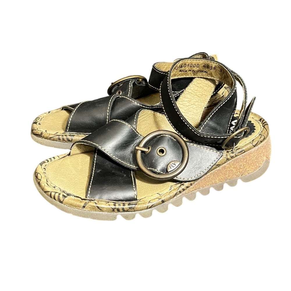 Fly London Sandals Womens 37 Black Leather Wedge Platform Buckle Strappy‎
